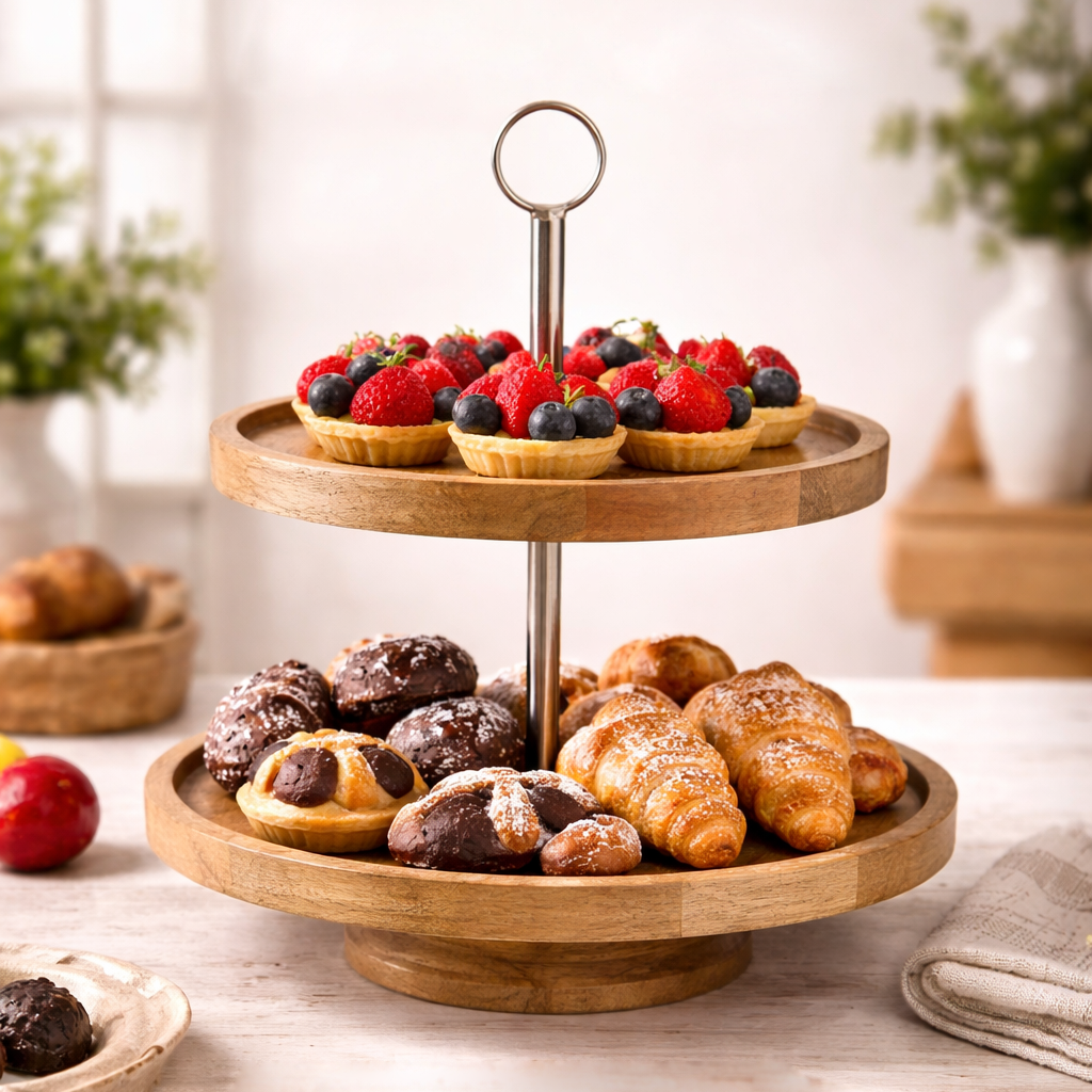 2-Tier Round Wooden Cake Stand with Metal Handle