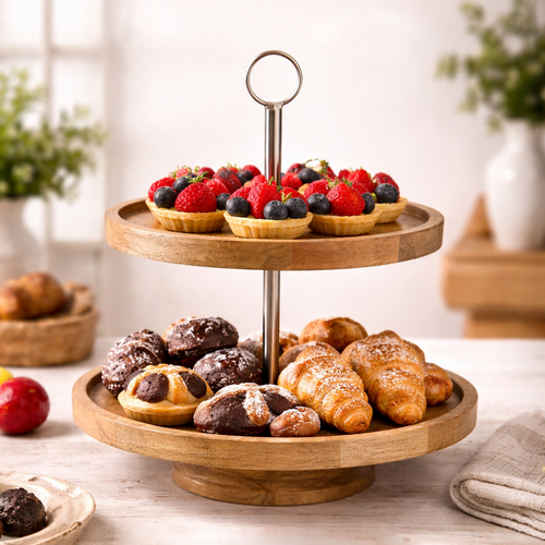 2-Tier Round Wooden Cake Stand with Metal Handle