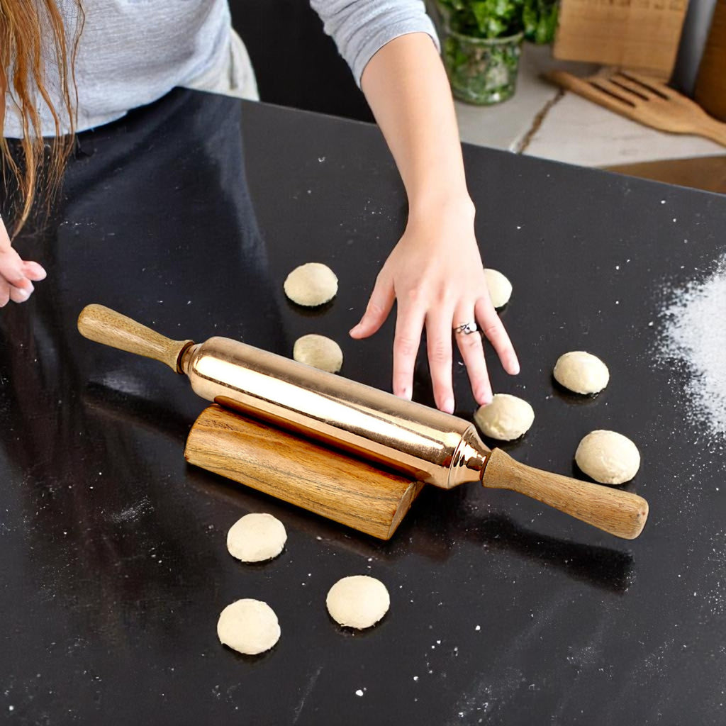 Lakkad Baaz Handcrafted Wooden & Copper Rolling Pin with Stand