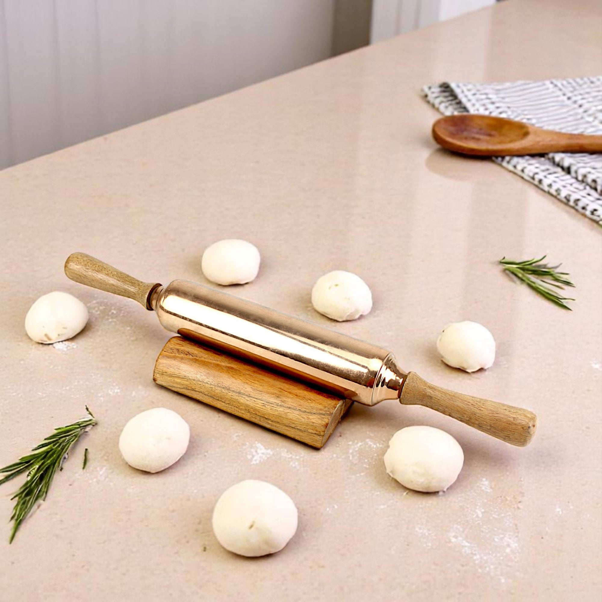Lakkad Baaz Handcrafted Wooden & Copper Rolling Pin with Stand