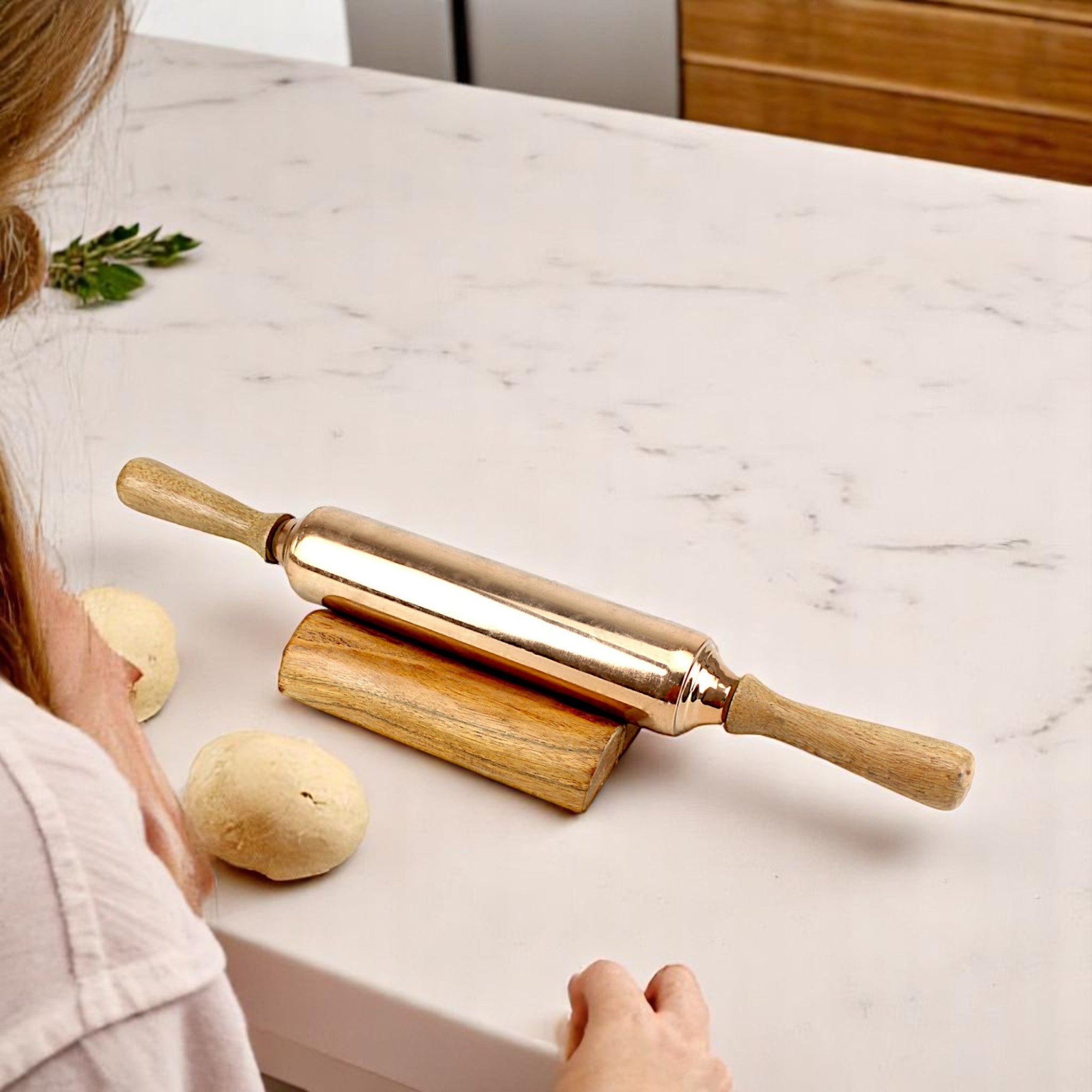 Lakkad Baaz Handcrafted Wooden & Copper Rolling Pin with Stand