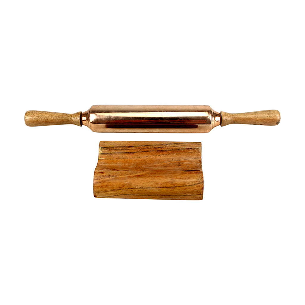 Lakkad Baaz Handcrafted Wooden & Copper Rolling Pin with Stand