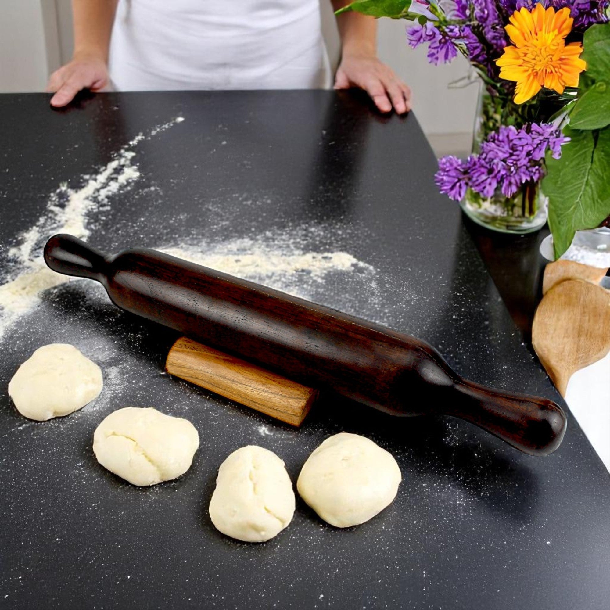 Lakkad Baaz Dark Wooden Rolling Pin Belan with Stand