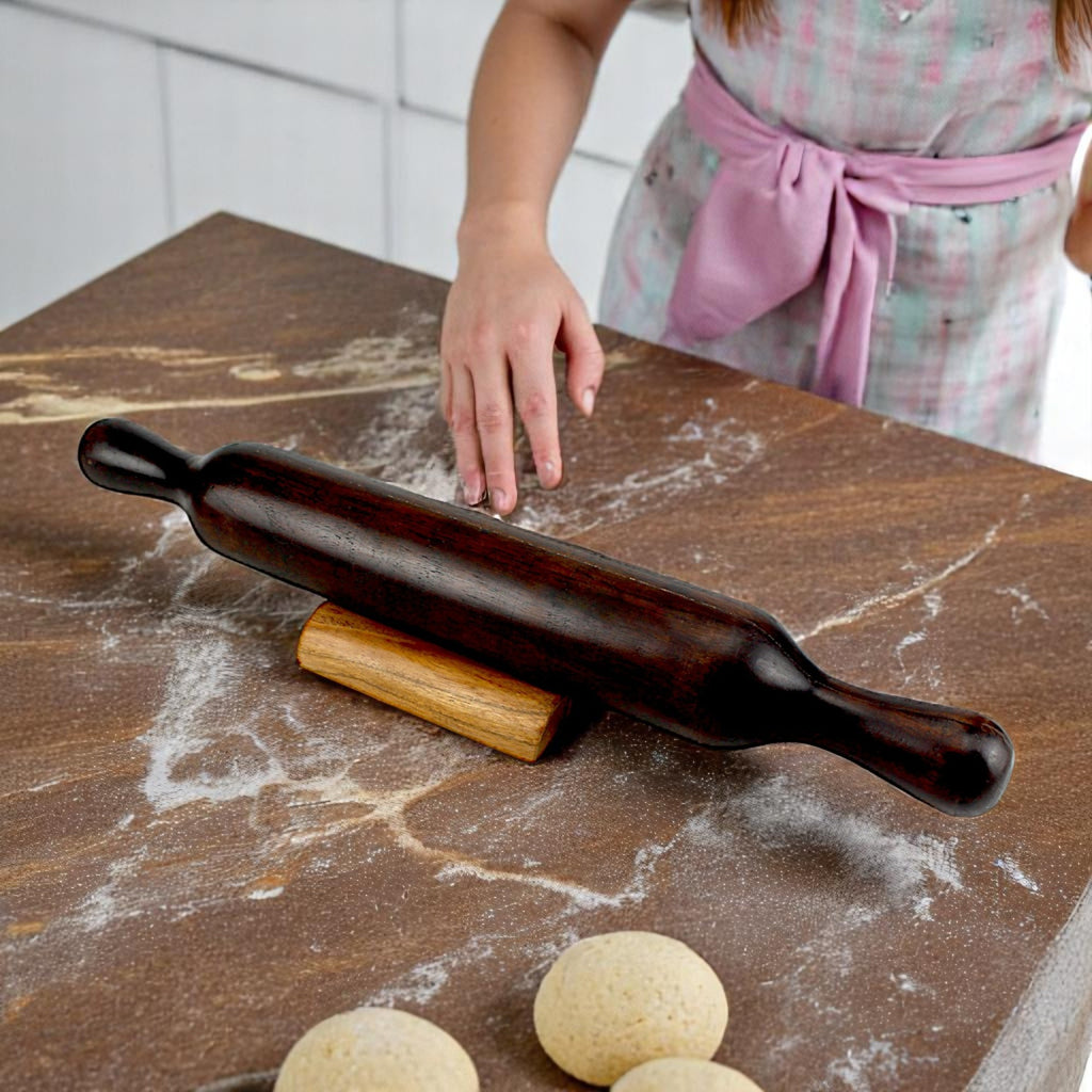 Lakkad Baaz Dark Wooden Rolling Pin Belan with Stand
