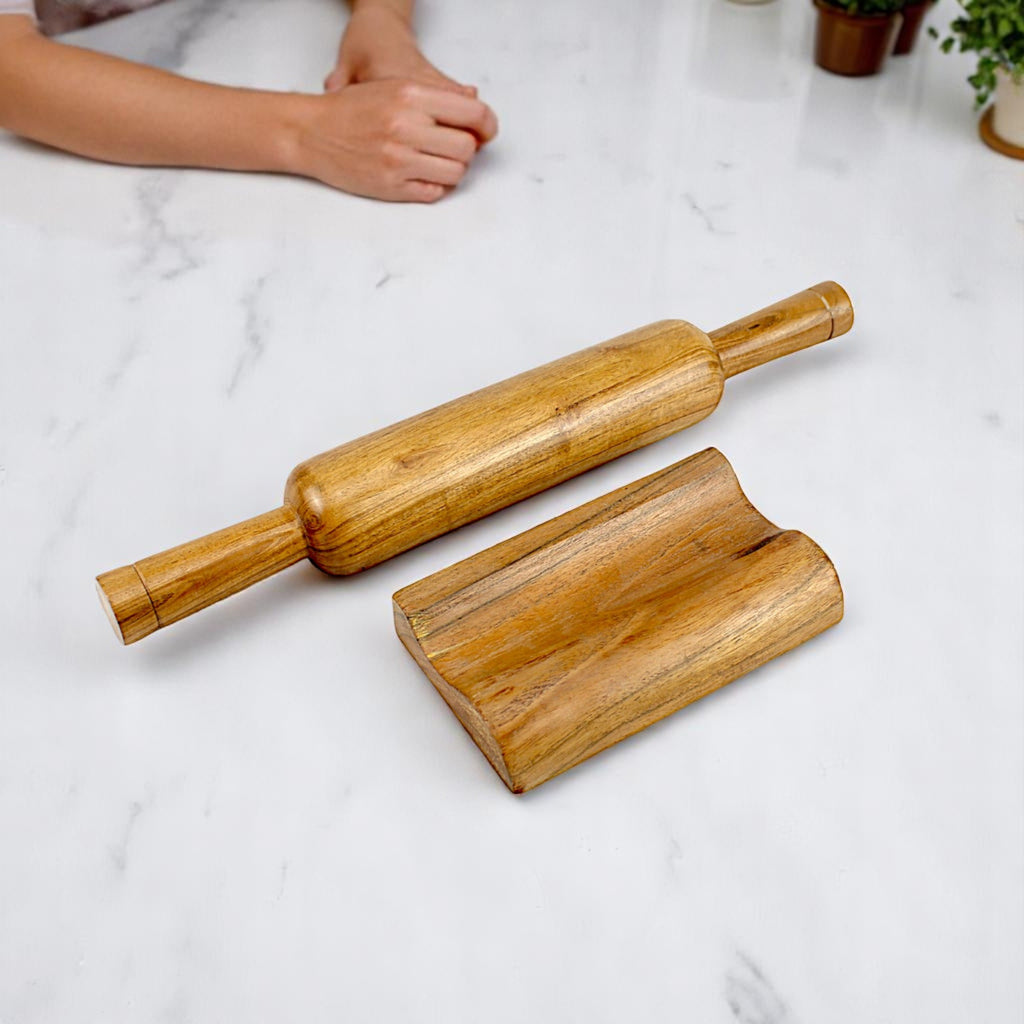 Lakkad Baaz 35.5 cm Wooden Rolling Pin (Belan) with Stand