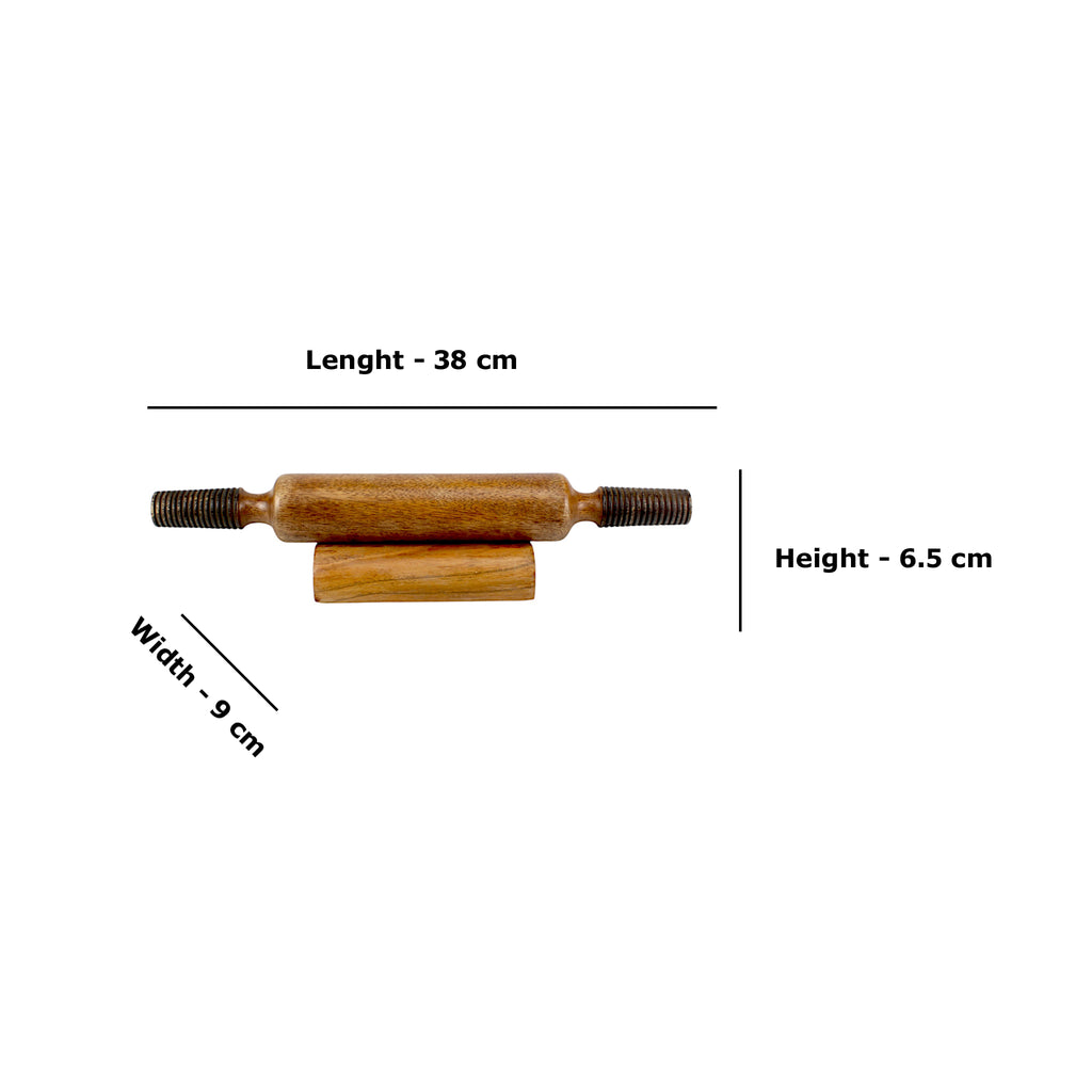 Lakkad Baaz 38 cm Wooden Rolling Pin (Belan) with Threaded Metal Handles & Stand
