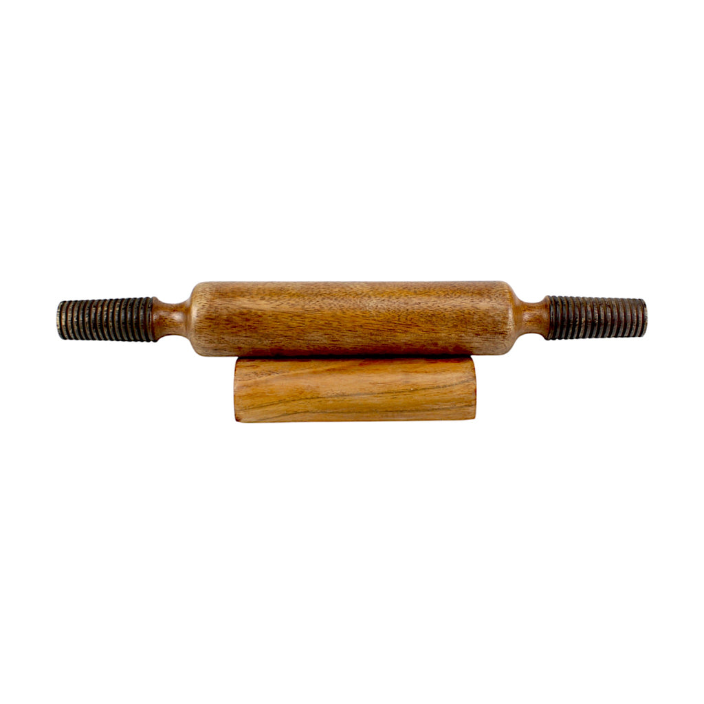Lakkad Baaz 38 cm Wooden Rolling Pin (Belan) with Threaded Metal Handles & Stand