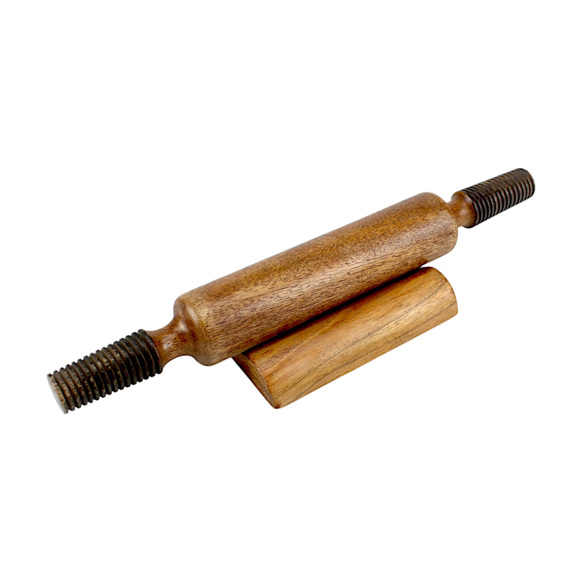 Lakkad Baaz 38 cm Wooden Rolling Pin (Belan) with Threaded Metal Handles & Stand