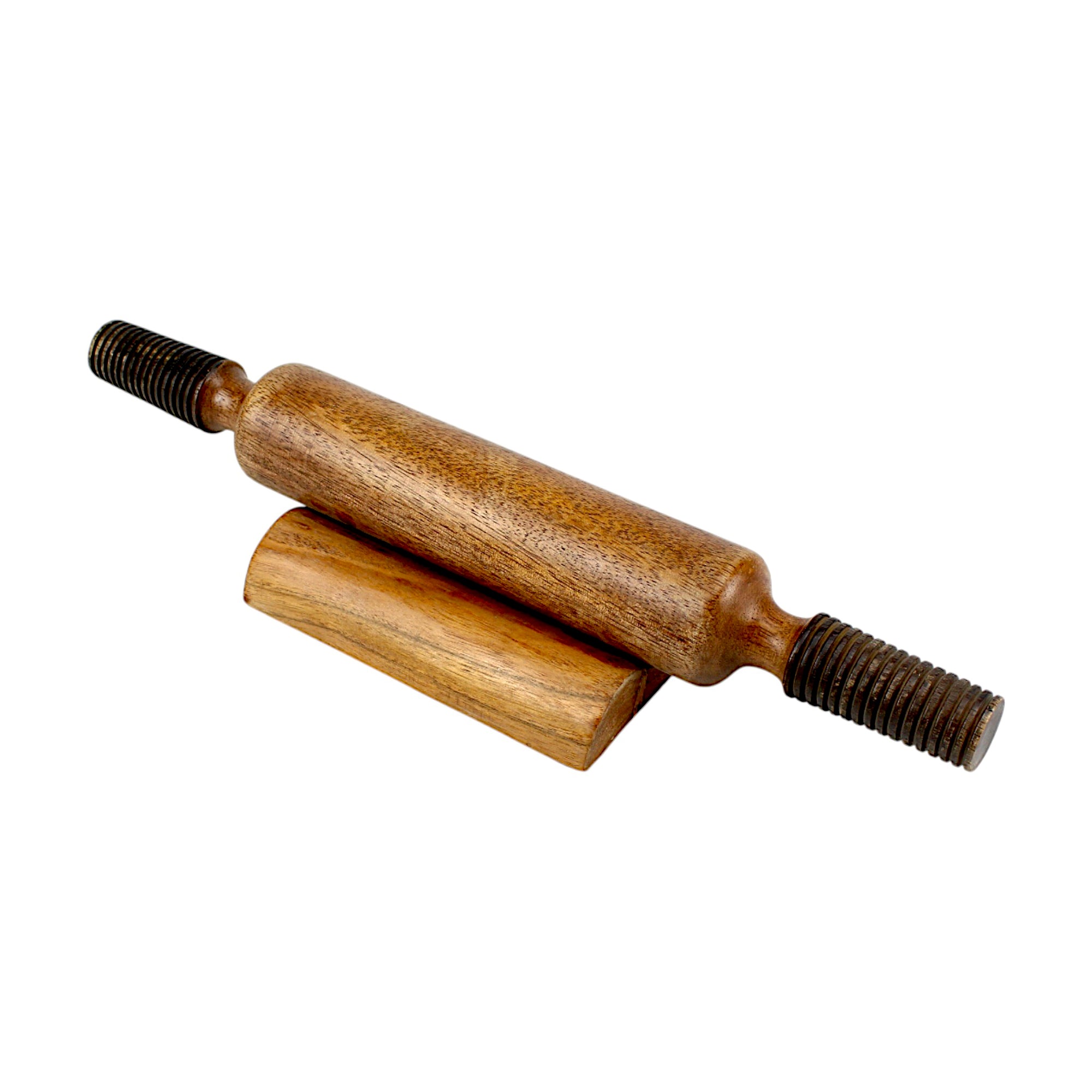 Lakkad Baaz 38 cm Wooden Rolling Pin (Belan) with Threaded Metal Handles & Stand