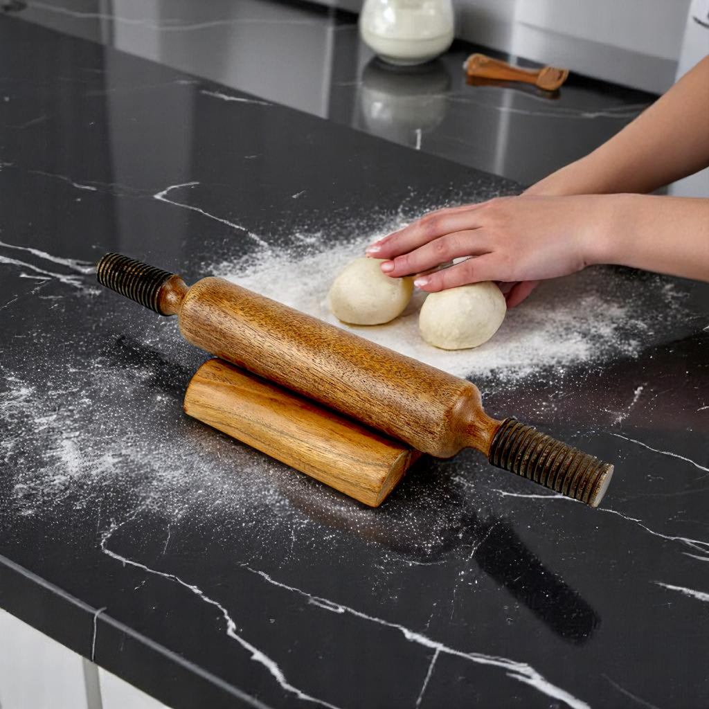 Lakkad Baaz 38 cm Wooden Rolling Pin (Belan) with Threaded Metal Handles & Stand