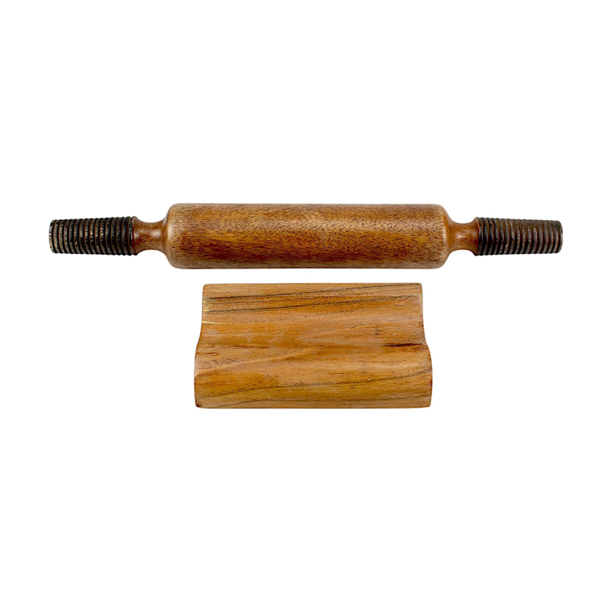 Lakkad Baaz 38 cm Wooden Rolling Pin (Belan) with Threaded Metal Handles & Stand