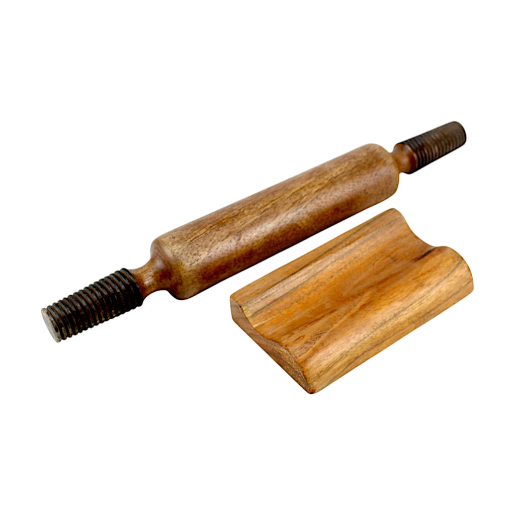 Lakkad Baaz 38 cm Wooden Rolling Pin (Belan) with Threaded Metal Handles & Stand