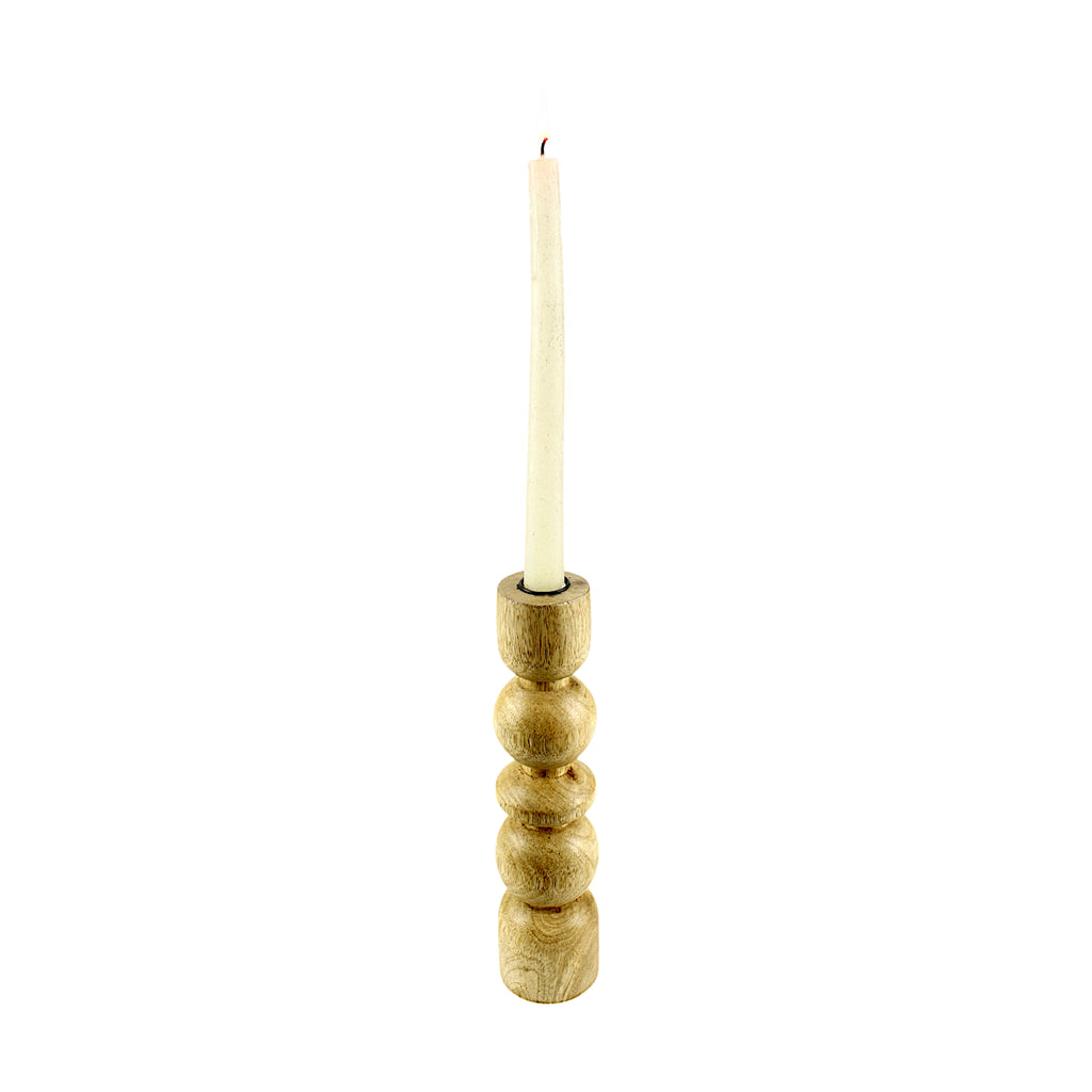 Natural Mango Wood Taper Candle Holder with Artistic Rounded Geometric Design
