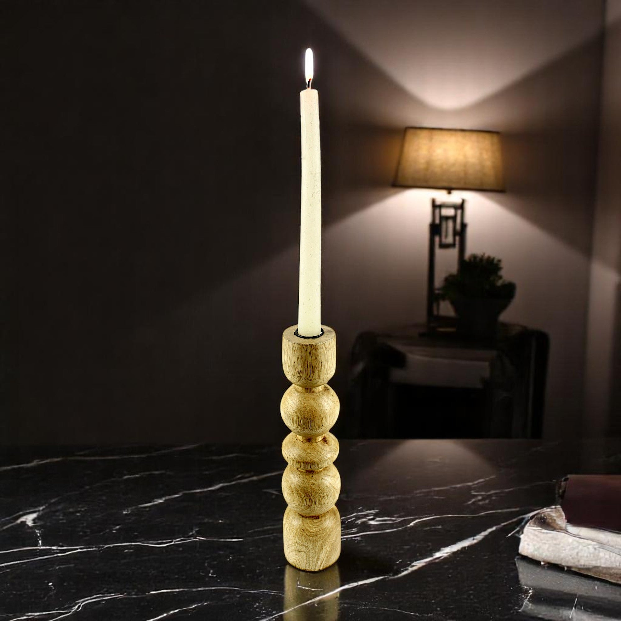 Natural Mango Wood Taper Candle Holder with Artistic Rounded Geometric Design