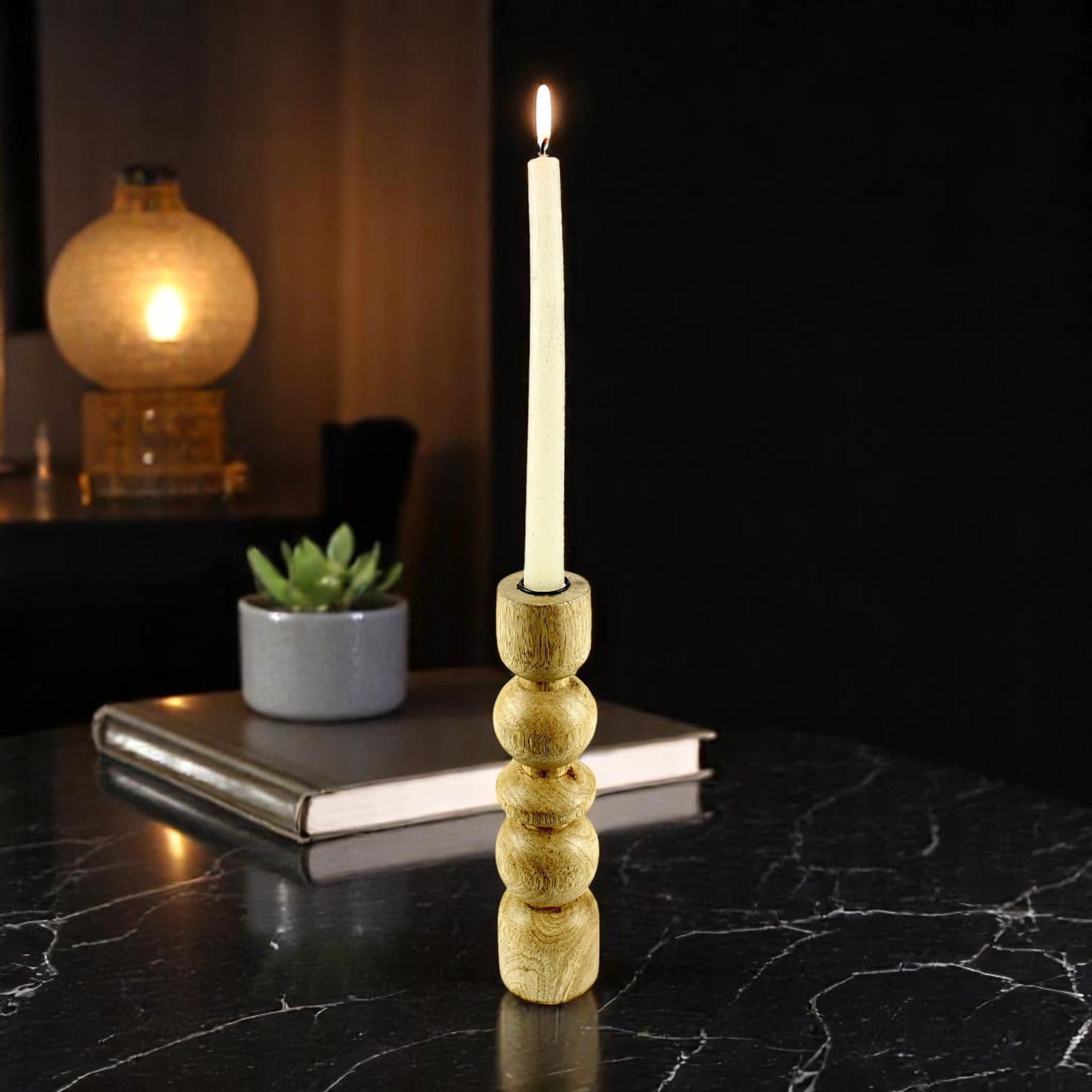 Natural Mango Wood Taper Candle Holder with Artistic Rounded Geometric Design