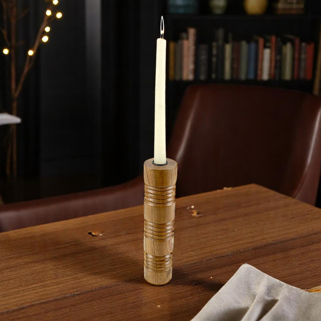 Solid Mango Wood Taper Candle Holder with Cylindrical Tower Design and Textured Carved Ring Detailing