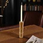 Solid Mango Wood Taper Candle Holder with Cylindrical Tower Design and Textured Carved Ring Detailing