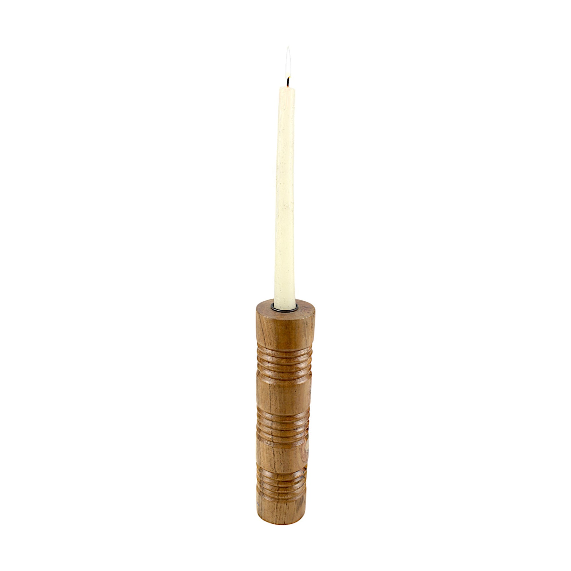 Solid Mango Wood Taper Candle Holder with Cylindrical Tower Design and Textured Carved Ring Detailing