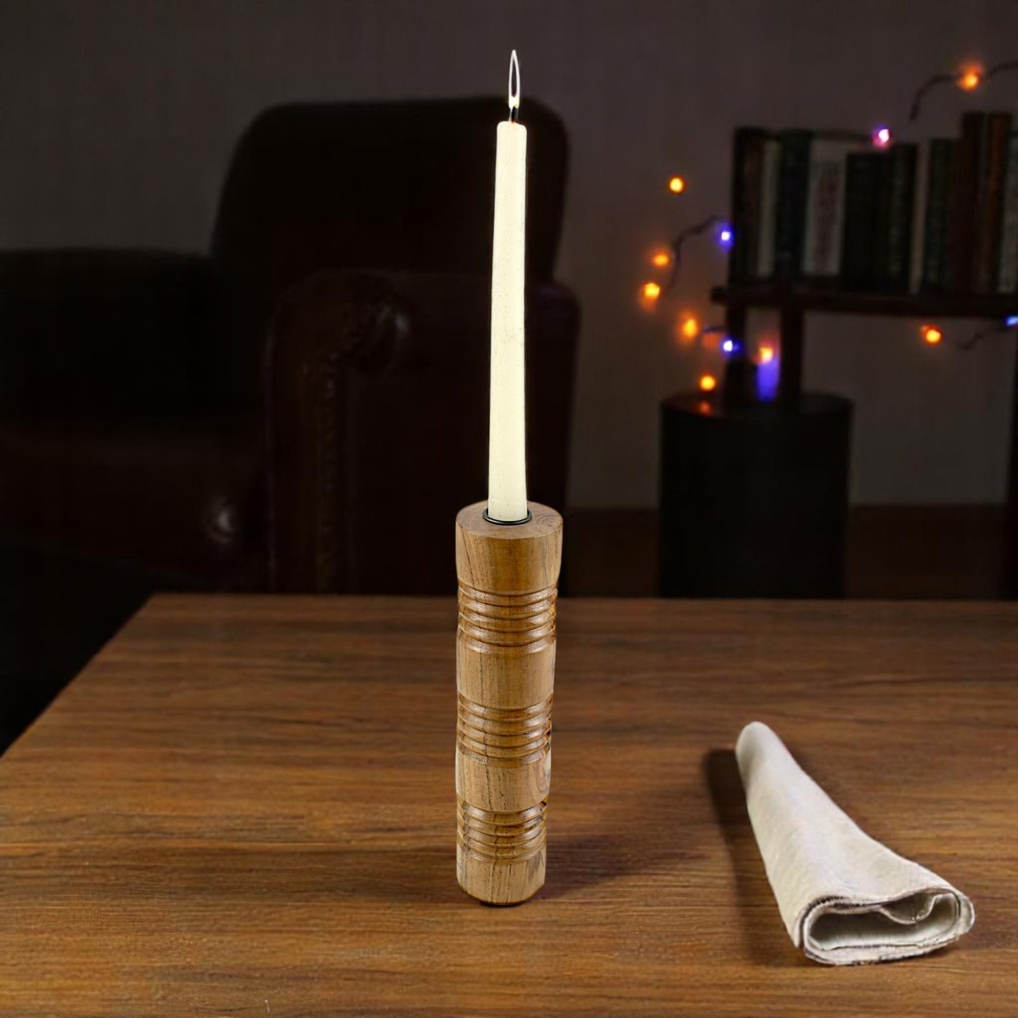 Solid Mango Wood Taper Candle Holder with Cylindrical Tower Design and Textured Carved Ring Detailing