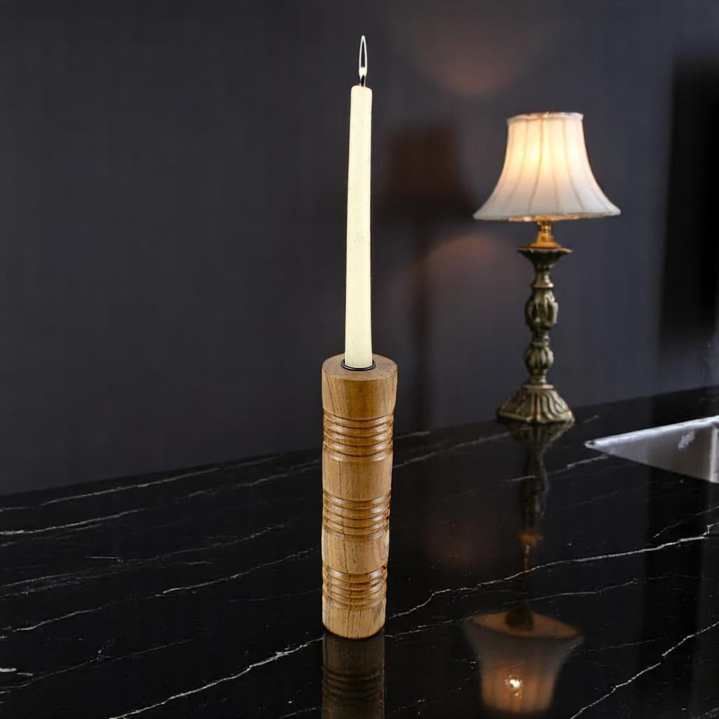 Solid Mango Wood Taper Candle Holder with Cylindrical Tower Design and Textured Carved Ring Detailing