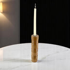 Solid Mango Wood Taper Candle Holder with Cylindrical Tower Design and Textured Carved Ring Detailing