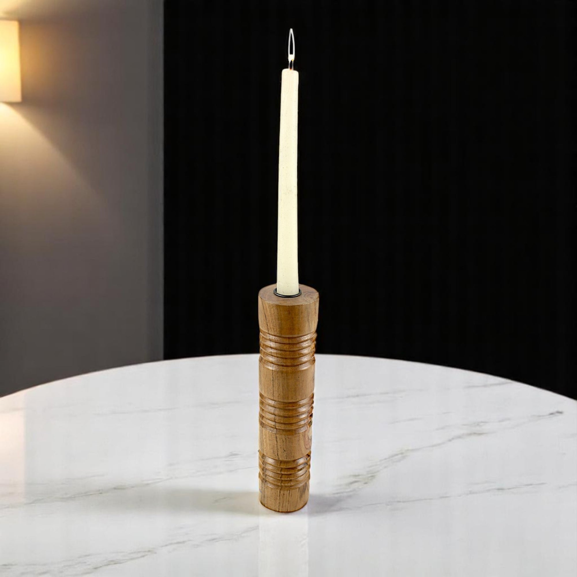 Solid Mango Wood Taper Candle Holder with Cylindrical Tower Design and Textured Carved Ring Detailing