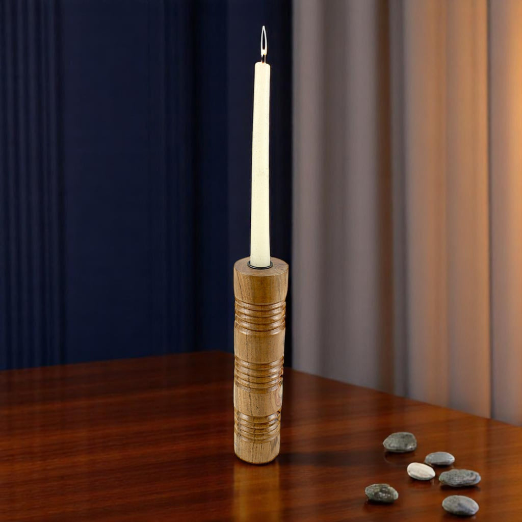 Solid Mango Wood Taper Candle Holder with Cylindrical Tower Design and Textured Carved Ring Detailing