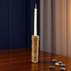 Solid Mango Wood Taper Candle Holder with Cylindrical Tower Design and Textured Carved Ring Detailing