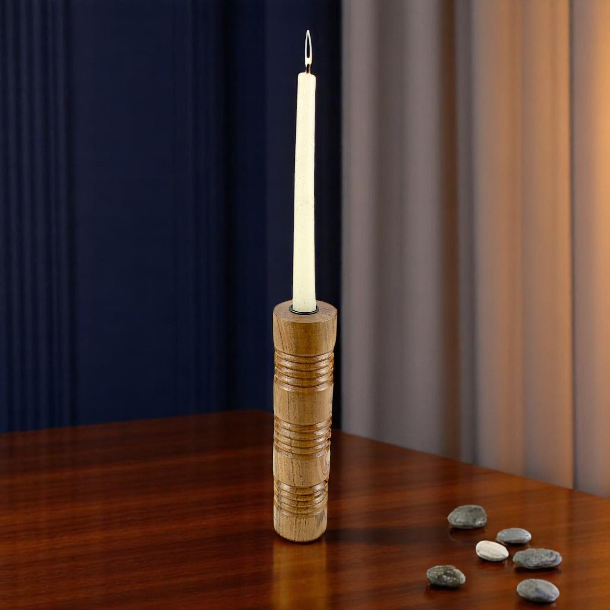 Solid Mango Wood Taper Candle Holder with Cylindrical Tower Design and Textured Carved Ring Detailing