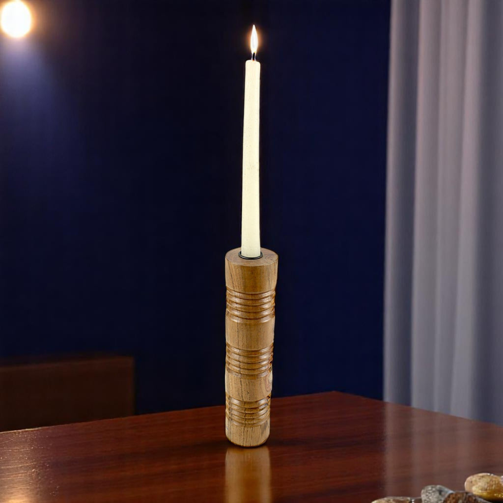 Solid Mango Wood Taper Candle Holder with Cylindrical Tower Design and Textured Carved Ring Detailing
