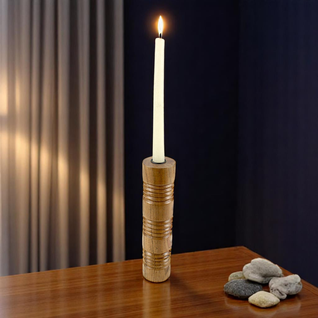 Solid Mango Wood Taper Candle Holder with Cylindrical Tower Design and Textured Carved Ring Detailing