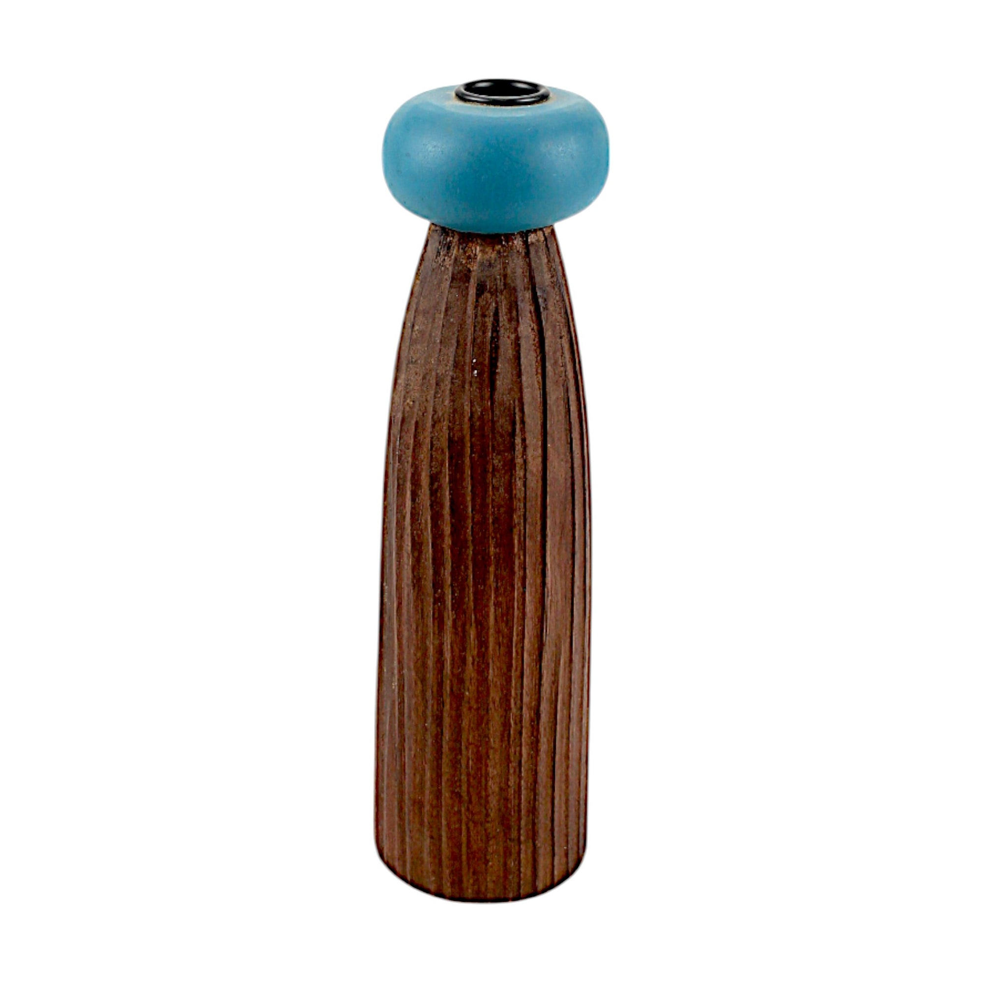 dark brown wooden Taper Candle Holder with Blue Accent  candle holder