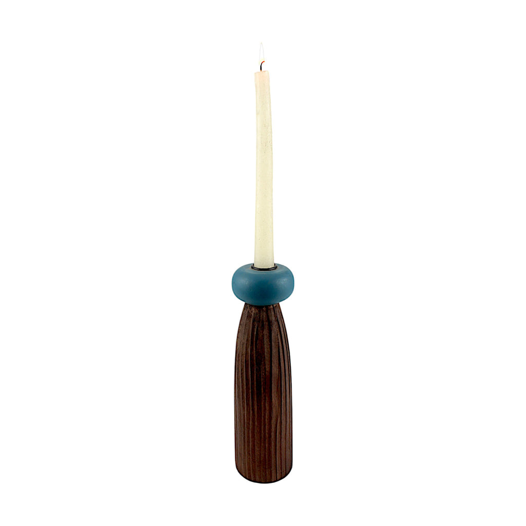 dark brown wooden Taper Candle Holder with Blue Accent  candle holder