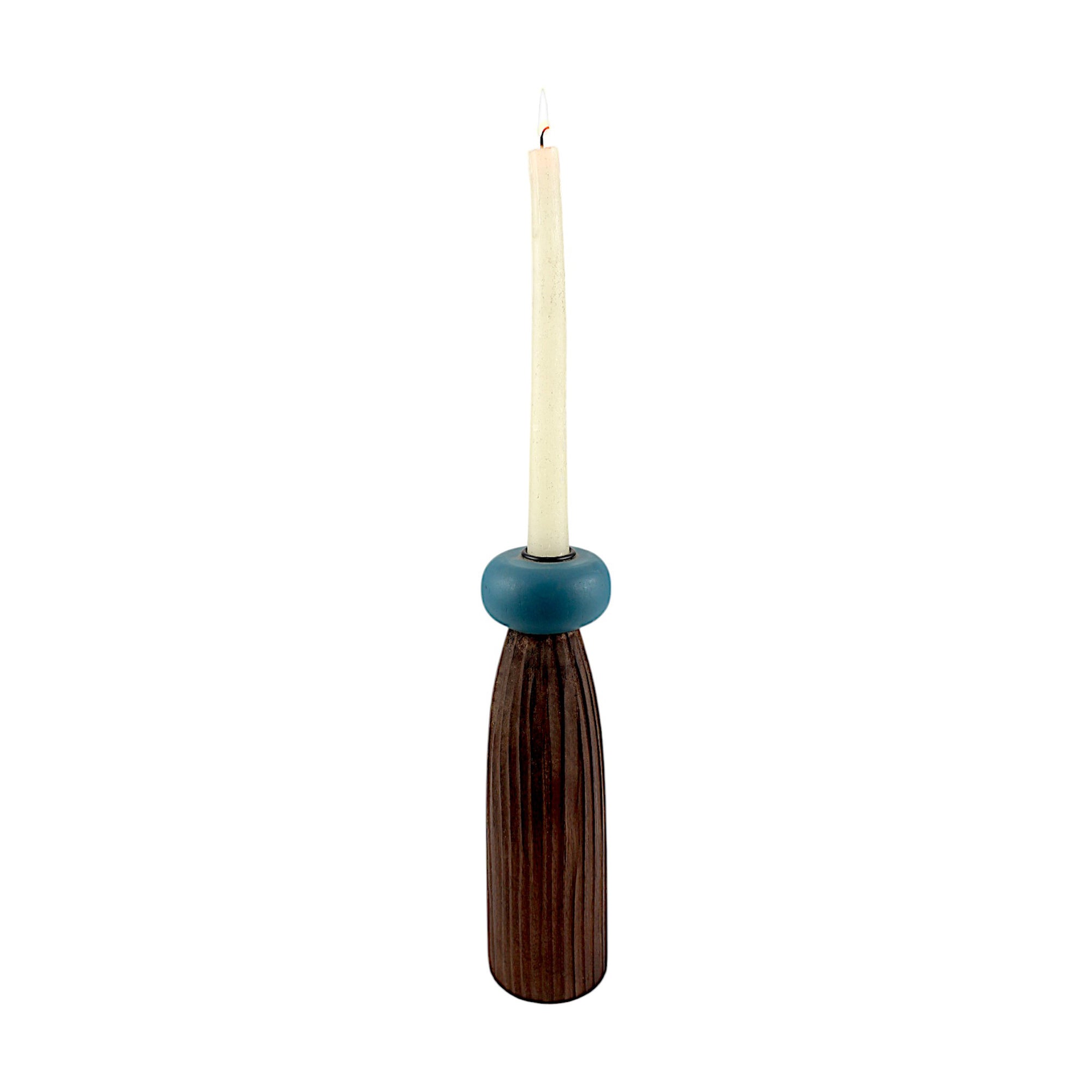dark brown wooden Taper Candle Holder with Blue Accent  candle holder