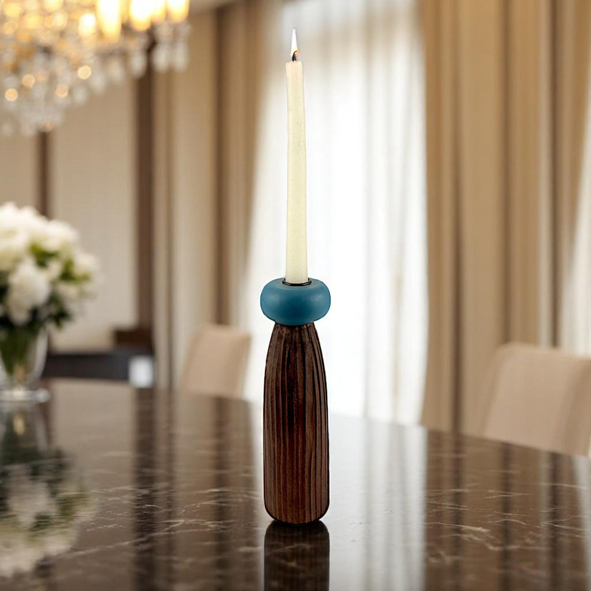 dark brown wooden Taper Candle Holder with Blue Accent  candle holder