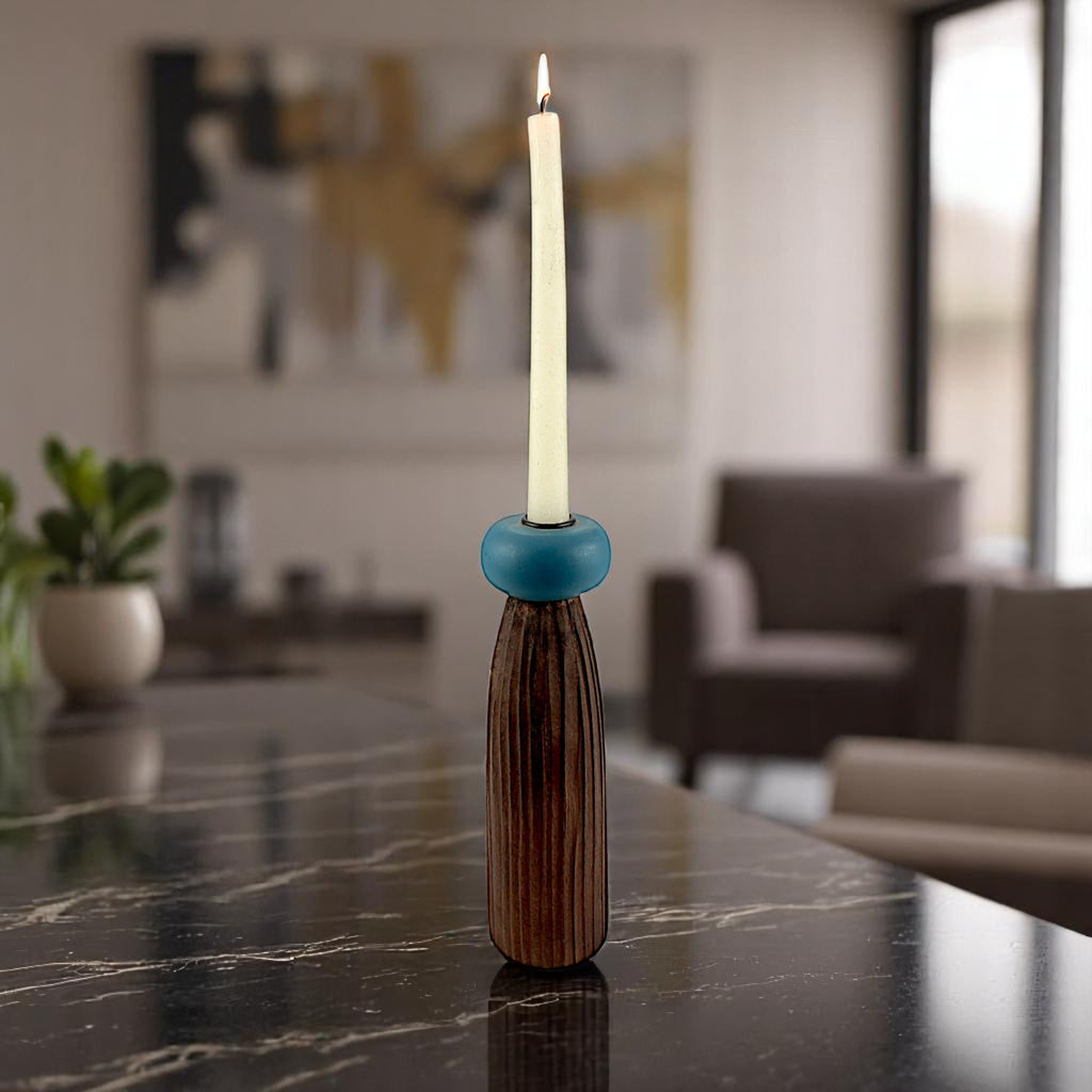 dark brown wooden Taper Candle Holder with Blue Accent  candle holder
