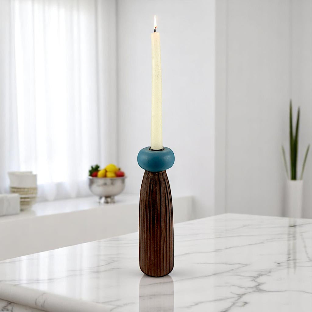 dark brown wooden Taper Candle Holder with Blue Accent  candle holder
