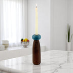 dark brown wooden Taper Candle Holder with Blue Accent  candle holder