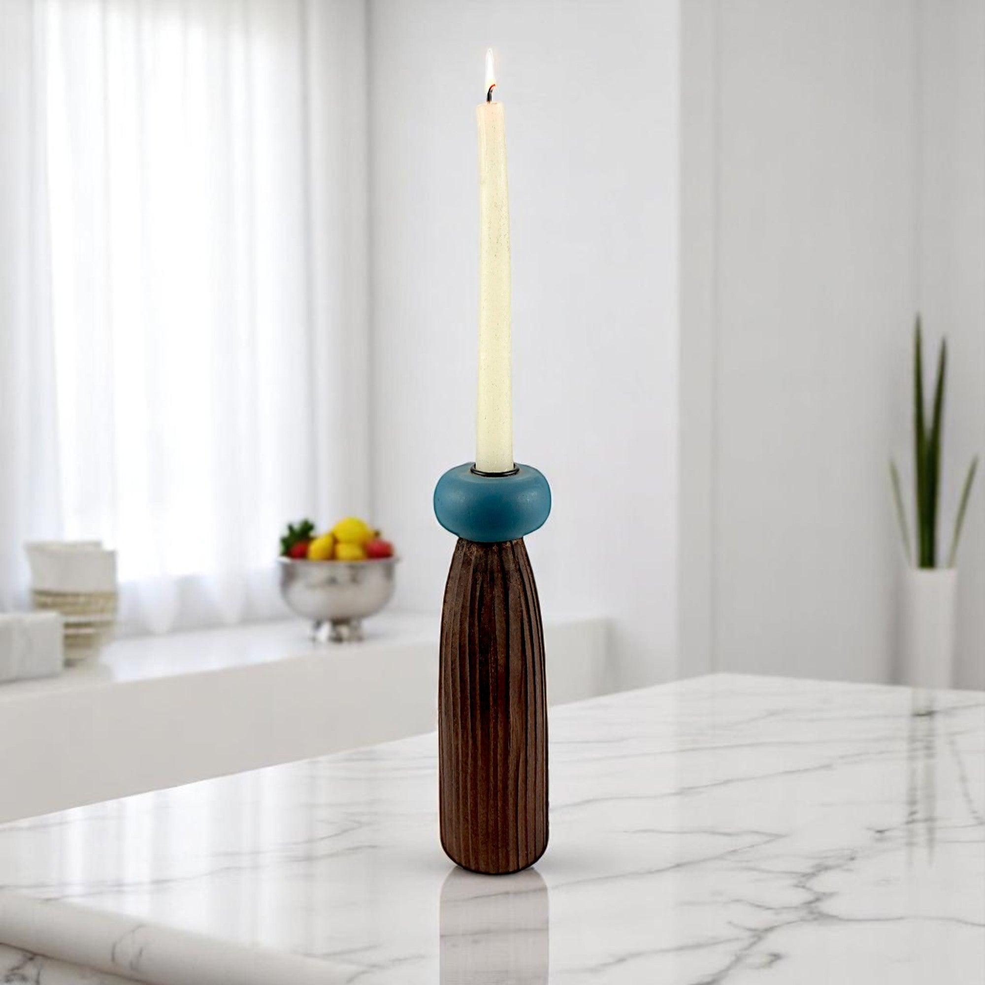 dark brown wooden Taper Candle Holder with Blue Accent  candle holder