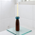 dark brown wooden Taper Candle Holder with Blue Accent  candle holder