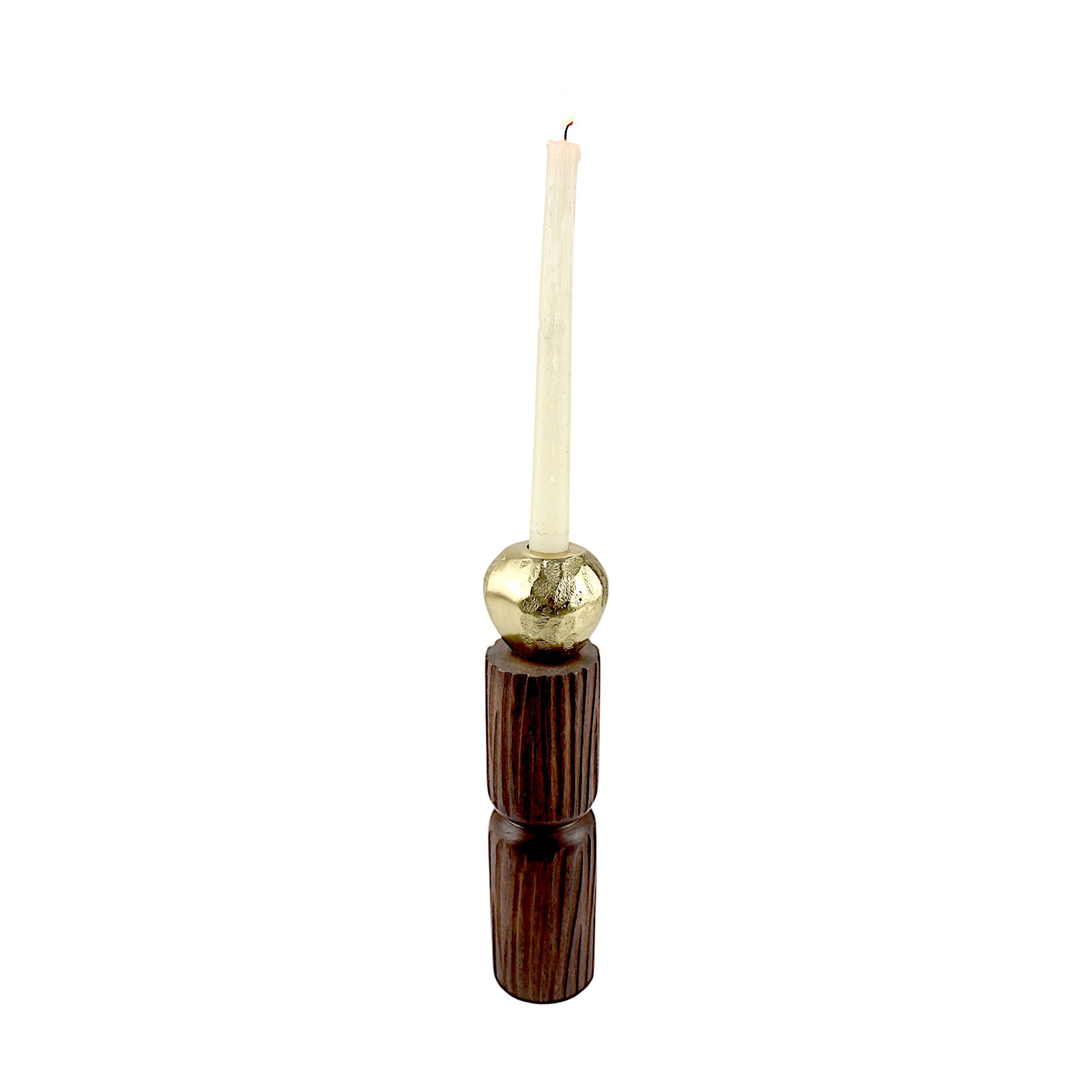 Wooden Taper Candle Holder with Hammered Gold finished Sphere