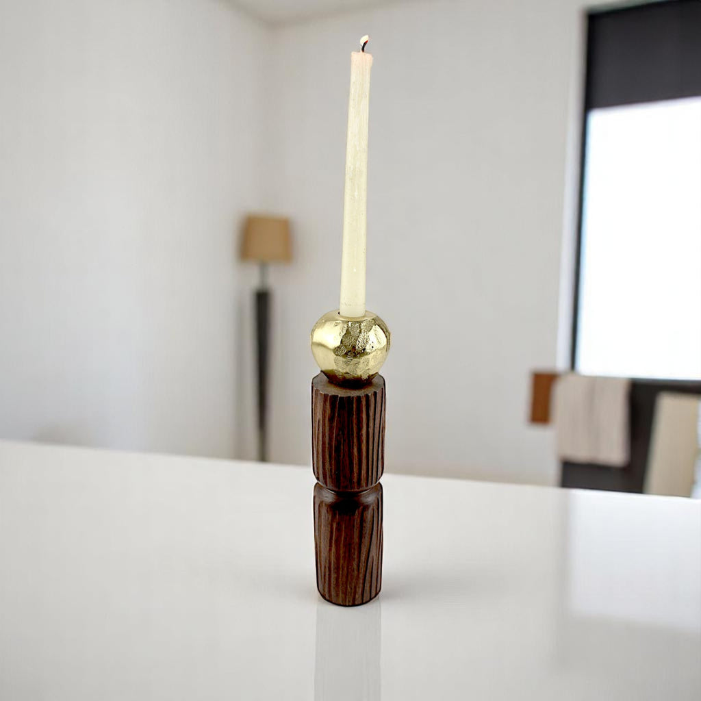 Wooden Taper Candle Holder with Hammered Gold finished Sphere