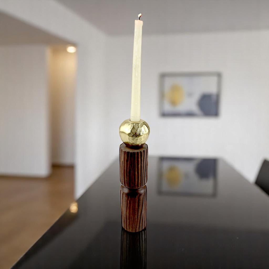 Wooden Taper Candle Holder with Hammered Gold finished Sphere