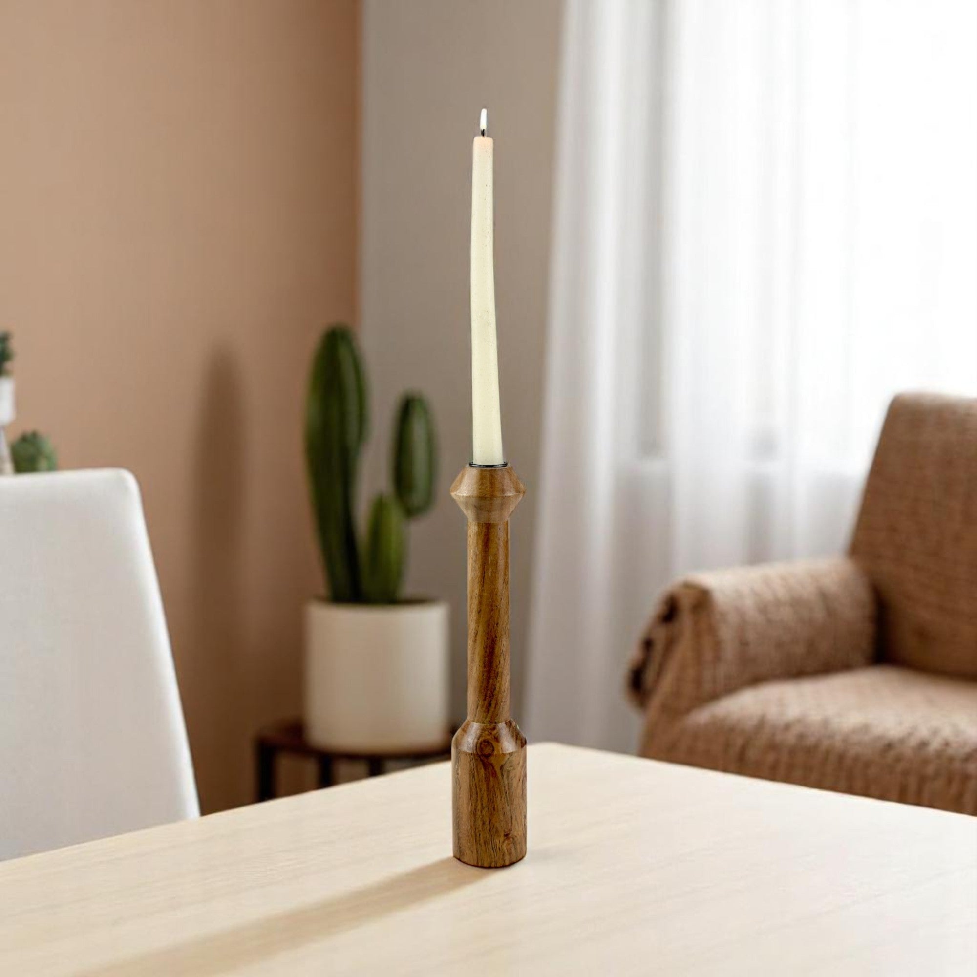 Brown wooden candle holder  with Artistic Rounded Geometric Design
