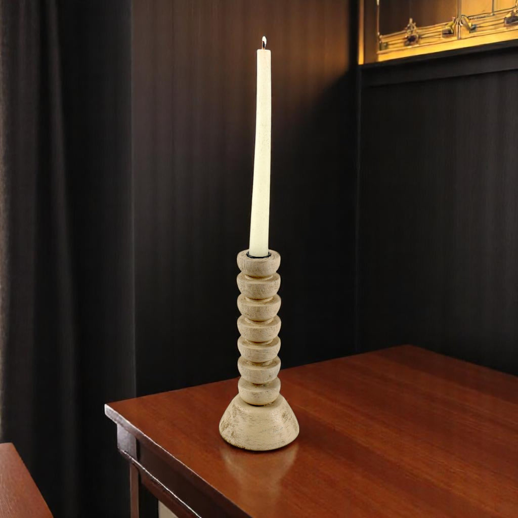 light brown wooden candle holder semi-gloss finish, giving it a natural and rustic appearance