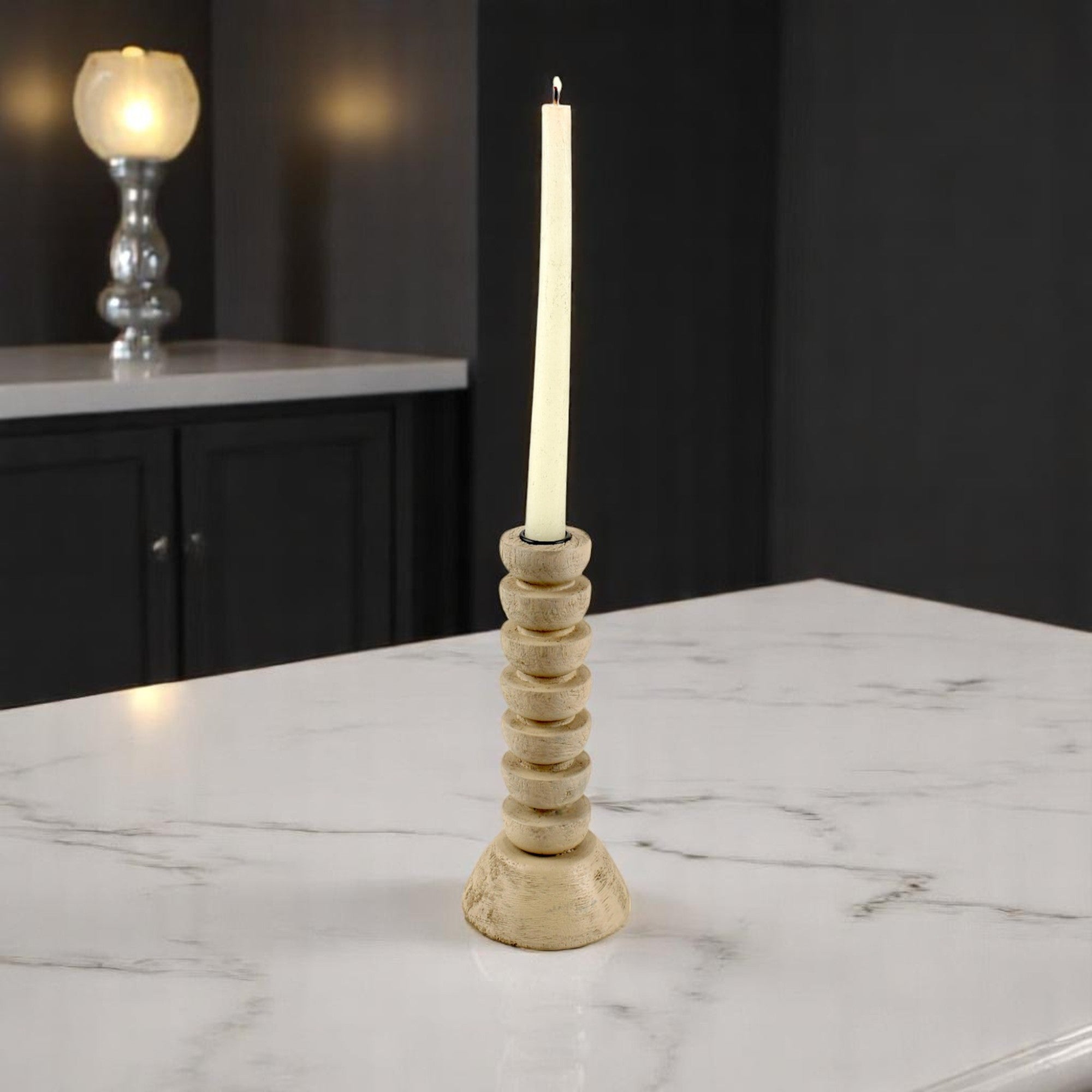 light brown wooden candle holder semi-gloss finish, giving it a natural and rustic appearance