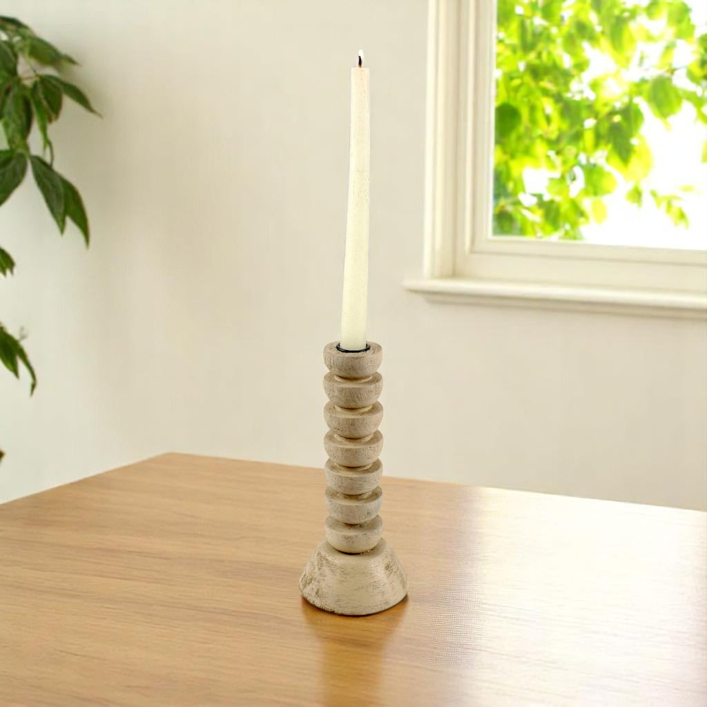 light brown wooden candle holder semi-gloss finish, giving it a natural and rustic appearance