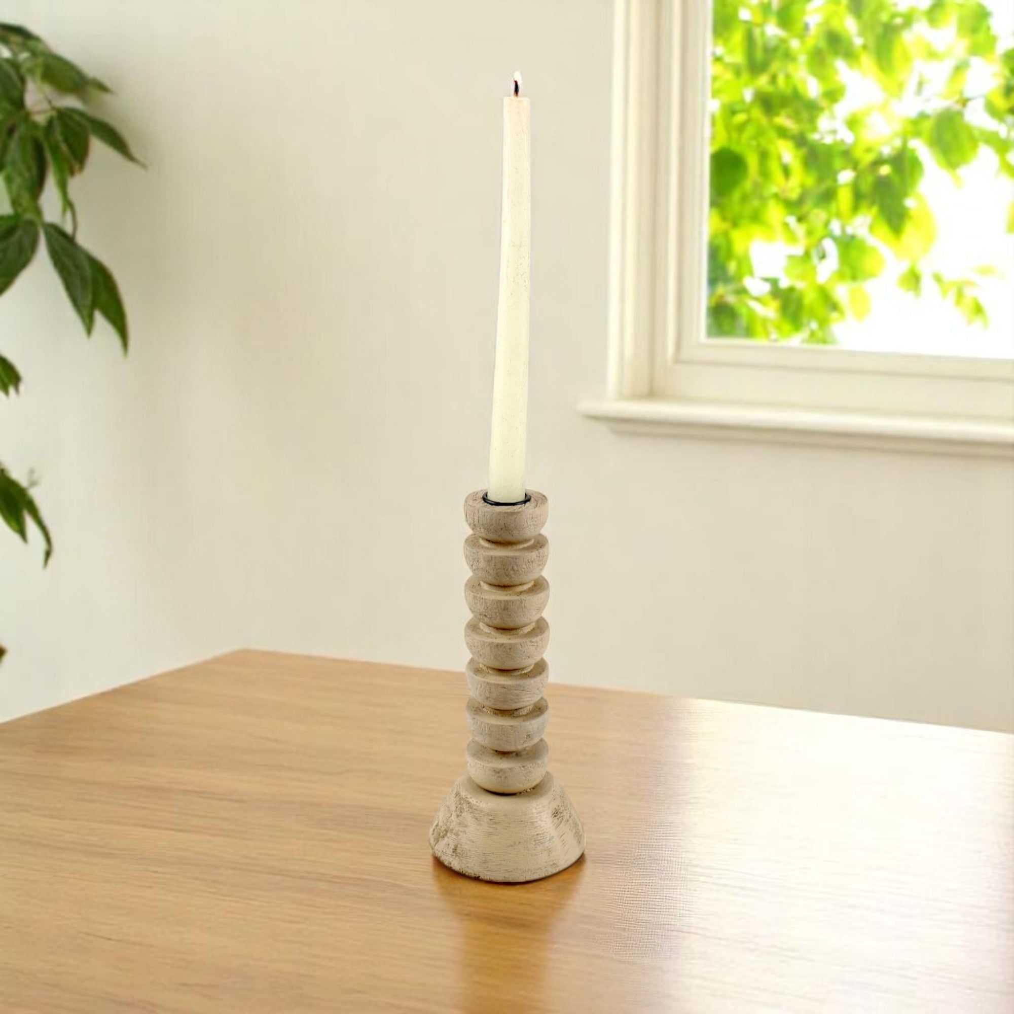 light brown wooden candle holder semi-gloss finish, giving it a natural and rustic appearance