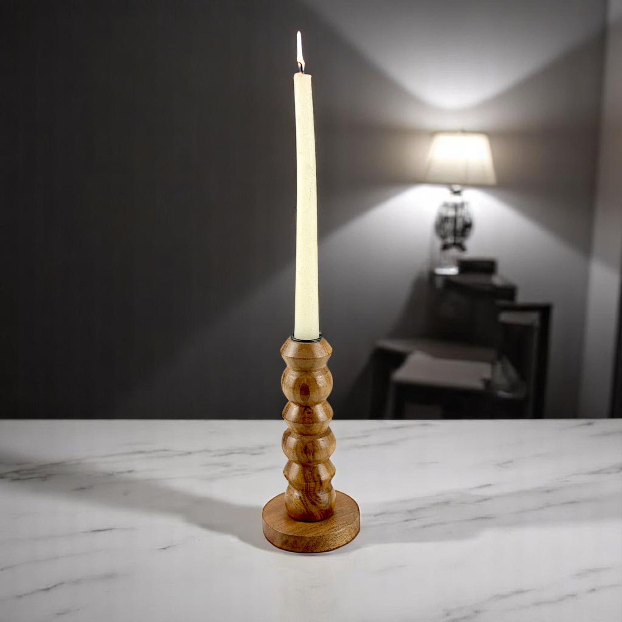 lakkadbaaz light brown wooden candle holder semi-gloss finish Geometric Turned Design