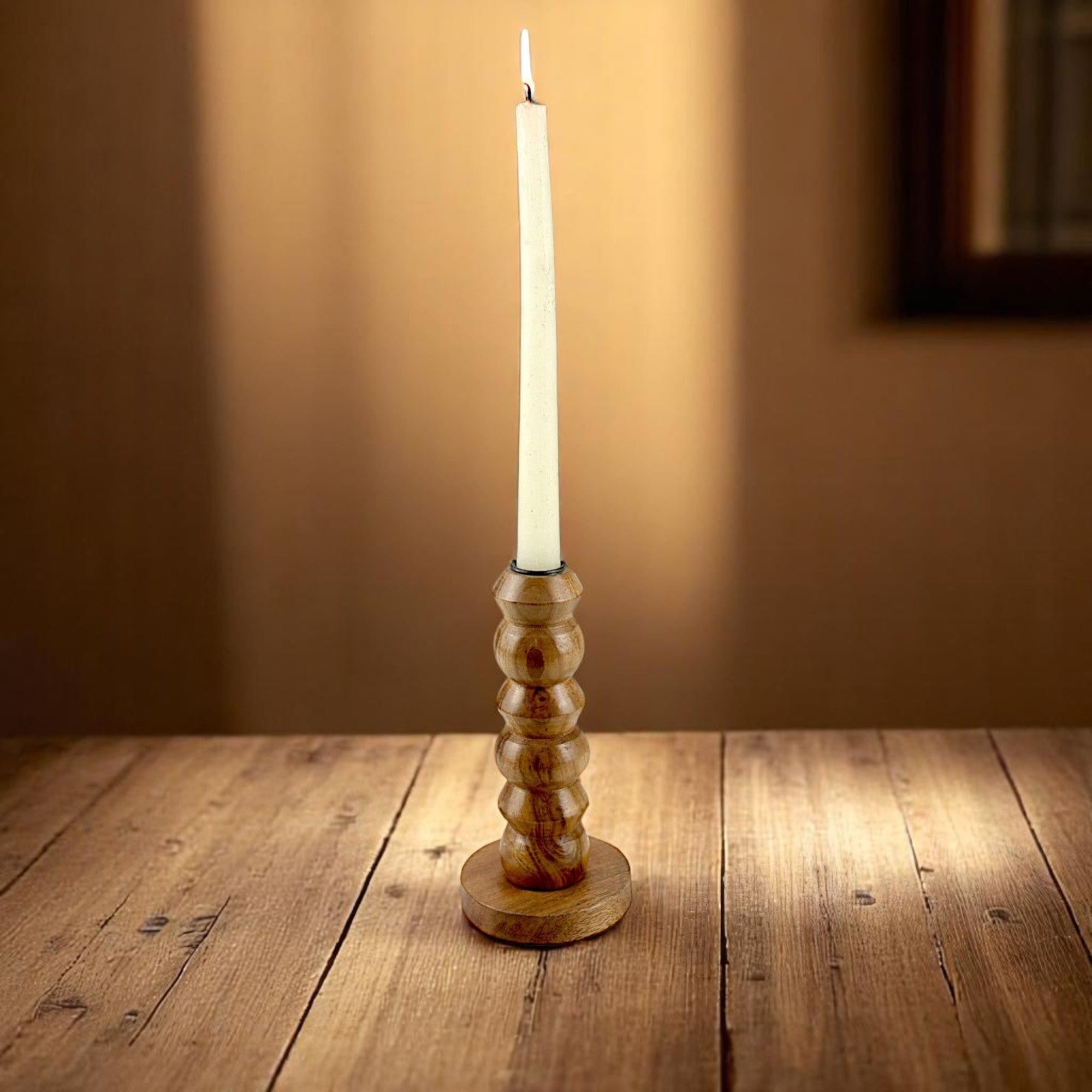 lakkadbaaz light brown wooden candle holder semi-gloss finish Geometric Turned Design